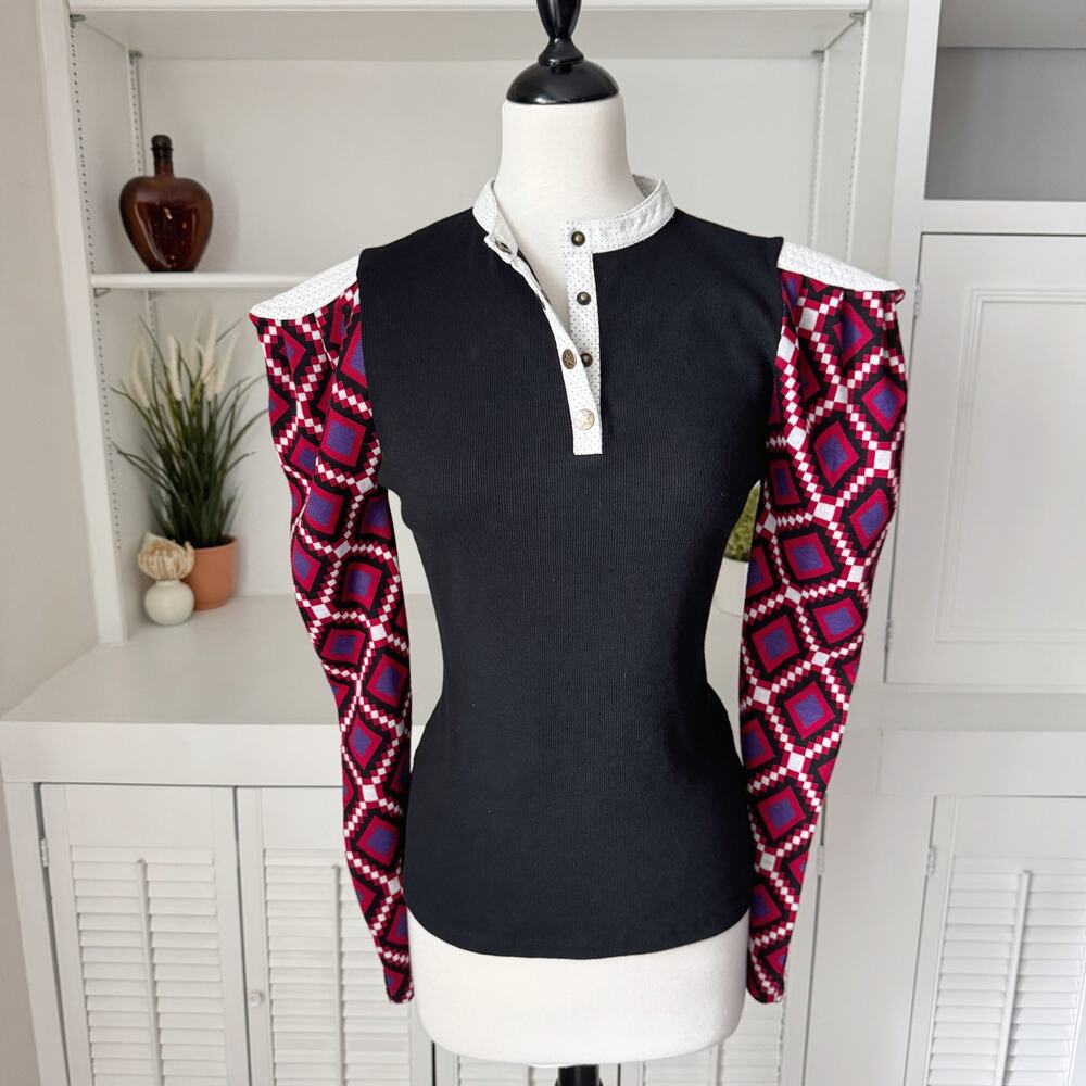 Nuvula Black Ribbed Knit Geometric Strong Shoulder Sweater Size L - Picture 1 of 9